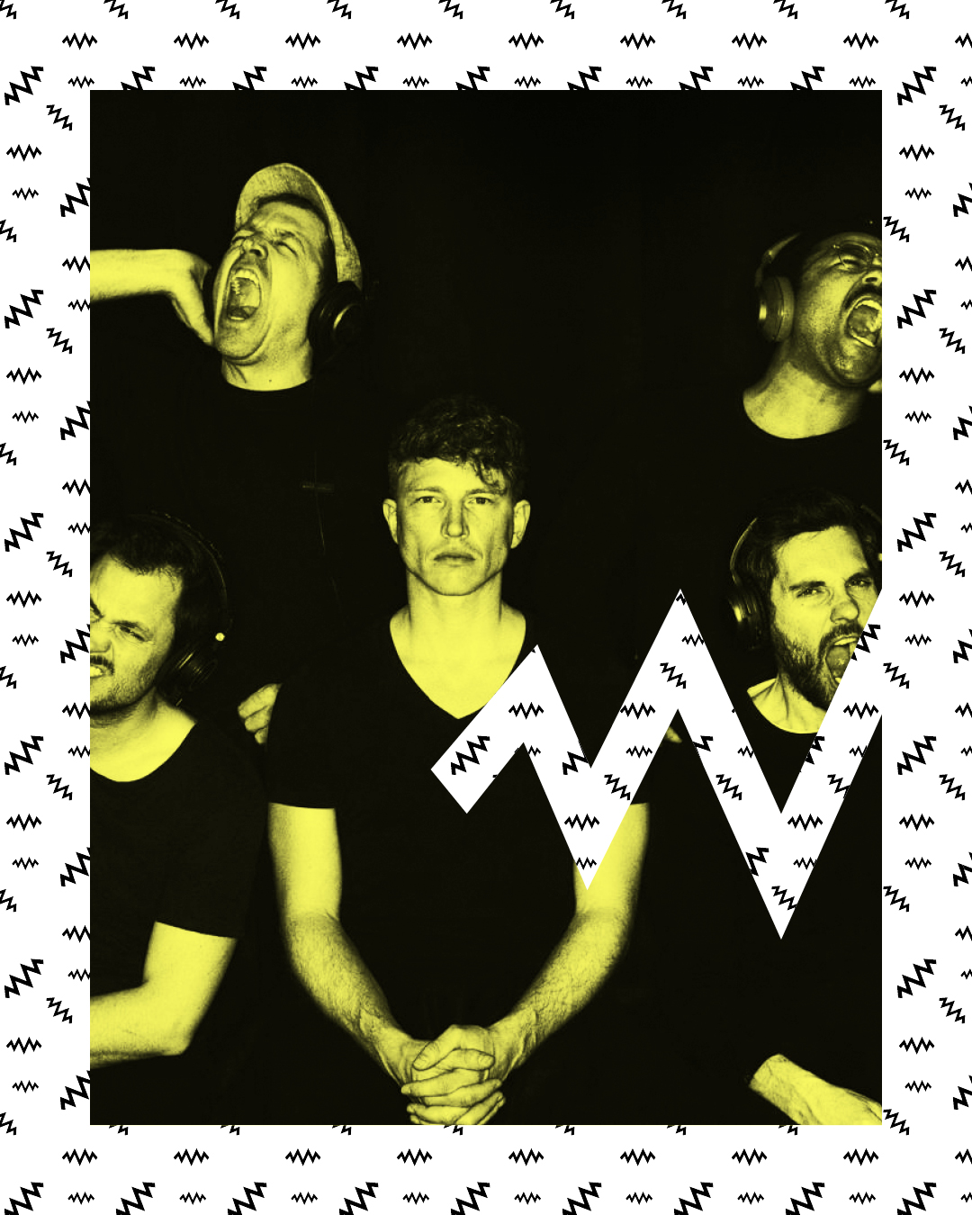 Die Band Folkless: Fünf Mitglieder nebeneinander vor neutralem Hintergrund, neutral in die Kamera blickend.